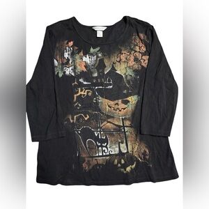 Christopher & Banks Halloween Black Graphic Top 3/4 sleeves Sz XL black cat